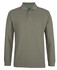 A long-sleeve, olive-green cotton polo shirt with a collar and a logo.