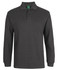 A dark green long-sleeve polo shirt with a collar, featuring a branded logo on the exterior.