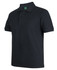 A black polo shirt featuring a classic collar, short sleeves, and a branding logo at the neck.