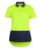 A bright yellow and navy women's polo shirt featuring a drop tail design and a chest pocket, with a branding logo.