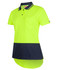 A bright yellow and navy drop-tail polo shirt featuring a pocket and a logo. Ideal for workwear.
