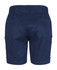 A pair of navy blue cargo shorts featuring multiple pockets and an elastic waistband.