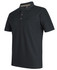 A black polo shirt made of recycled polyester, featuring a pocket and a logo on the collar.