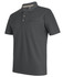 A dark grey polo shirt made from recycled polyester, featuring a pocket and a logo on the chest.