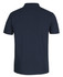 A navy polo shirt made from recycled polyester with a logo on the back. Short sleeves and a classic collar design.