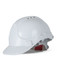 A white safety helmet featuring a rim and adjustable inner straps, designed for protective use.