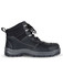 A black safety boot featuring a high-top design, lace-up front, and rugged sole, with a logo on the side.
