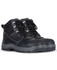 A pair of black safety boots with a sturdy sole, featuring laces and a padded collar for comfort.
