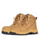 A pair of tan safety boots with laces and reinforced toe caps, featuring a logo on the side.