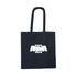 A black recycled cotton tote bag featuring a white logo. The bag has two handles for easy carrying.