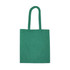 A green recycled cotton tote bag with two handles and a plain design. It has a branding logo on the front.