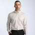 A men's button-up shirt in a check pattern, featuring shades of beige and brown, with a collar and long sleeves.