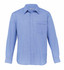 A blue button-up shirt with long sleeves and a single chest pocket, featuring a logo on the label.
