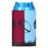 A neoprene stubby holder featuring red and blue sections with a rugby ball design. It encases a beverage can.