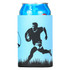A blue neoprene stubby holder features a silhouette of a rugby player and has a can inside.