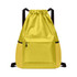 A yellow multi-pocket drawstring backpack with a front zip pocket and black straps. It has a logo on it.