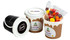 A coffee cup trio featuring brown, black, and a colourful assortment of Skittles inside a clear packet.