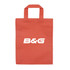 A red tradeshow bag with two handles and a logo on the front.