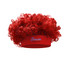 A red curly headband wig with an attached band featuring a logo.