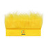 A vibrant yellow headband wig with fluffy hair, featuring a logo on the band.