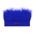 A bright blue headband wig with a fluffy design, featuring a logo on the band.