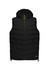 A black unisex hooded puffer vest with a front zipper and two side pockets, featuring a logo.