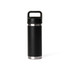 A drink bottle in black with a solid handle and a stainless steel base, featuring a logo.