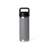 A drink bottle in grey with a solid black handle and a stainless steel base, featuring a logo.