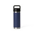 A drink bottle in navy blue with a solid black handle and stainless steel base, featuring a logo.