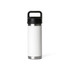 A drink bottle featuring a solid black handle and a white body with a stainless steel base. It includes a logo.