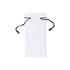 A white pouch with a drawstring closure, featuring black accents. It includes a logo.