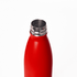 A drink bottle featuring a sleek red design and a stainless steel lid. It includes a logo on the body.