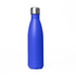 A drink bottle in a vibrant blue colour with a steel lid and a sleek design, featuring a branding logo.
