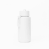 A drink bottle in white, made of stainless steel with a silicone handle, featuring a lid and a logo.