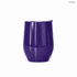 A purple metal coffee cup with a sleek design and a lid, featuring a logo on its surface.