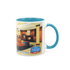 A two-tone sublimation mug featuring a white body and a turquoise handle, displaying a logo and interior design scene.