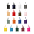A collection of tote bags in various colours, including black, white, red, green, and purple, each with shoulder straps and branding.