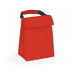 A red cooler bag with a black grip handle, featuring a simple rectangular design and a fold-over top.