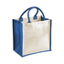 A medium jute supermarket tote in cream and navy blue, featuring dual handles and reinforced sides.