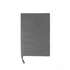 A grey notebook with a soft smooth PU cover and a black ribbon bookmark, featuring a logo on the front.
