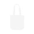 A plain white canvas tote bag with two handles and a logo. Ideal for carrying items.