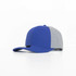 A blue and grey cap featuring a structured design and a logo on the front.