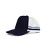 A navy blue and white cap featuring a mesh design and side stripes, with a logo on the front.