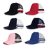 A collection of Odyssey 5 panel polycotton caps featuring black, red, navy, and pink colours with striped mesh sides.