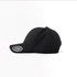 A black cap with a curved brim and a logo on the front.