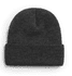 A dark grey knitted acrylic beanie with a folded cuff, featuring a logo.