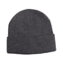 A warm knitted acrylic beanie in a dark grey colour, featuring a fold-over cuff and a logo.
