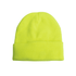 A bright yellow knitted acrylic beanie with a folded brim and a smooth texture. It features a logo.