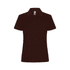 A women's polo shirt in a dark brown colour with a collar and three buttons. Displays a logo on the label.