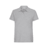 A grey women's polo shirt with a collar and short sleeves, featuring a branded logo.